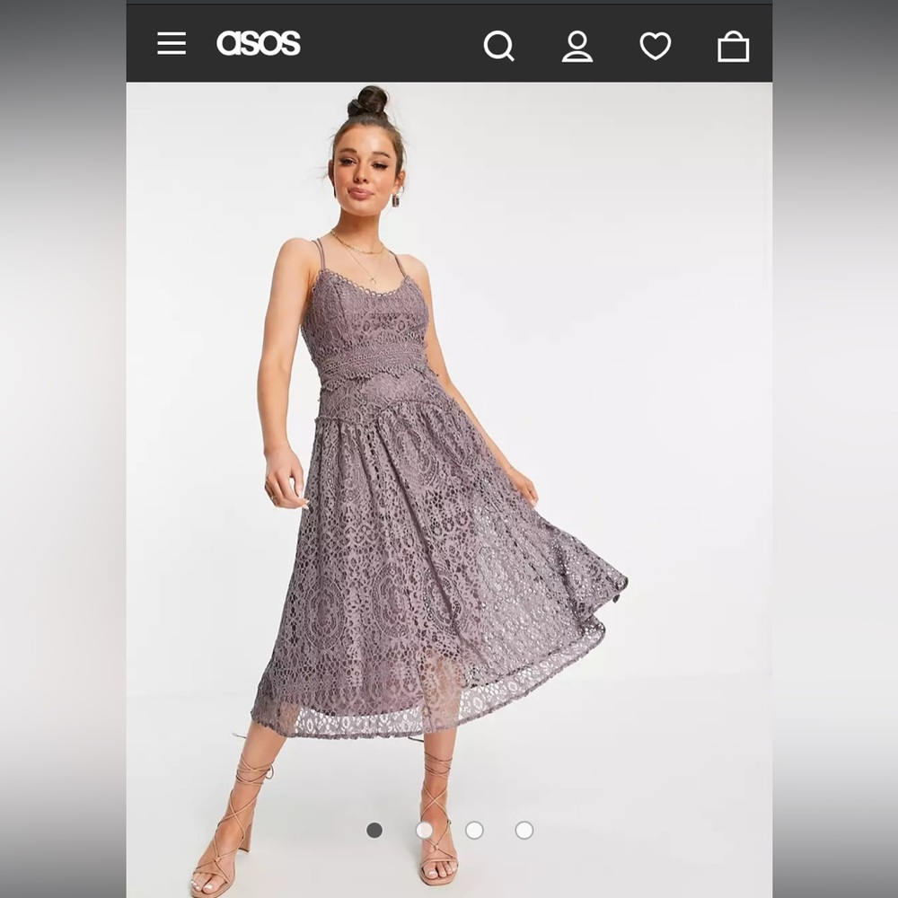 NWT ASOS DESIGN strap midi dress, lace with circle trims in Dusty Mauve size 6